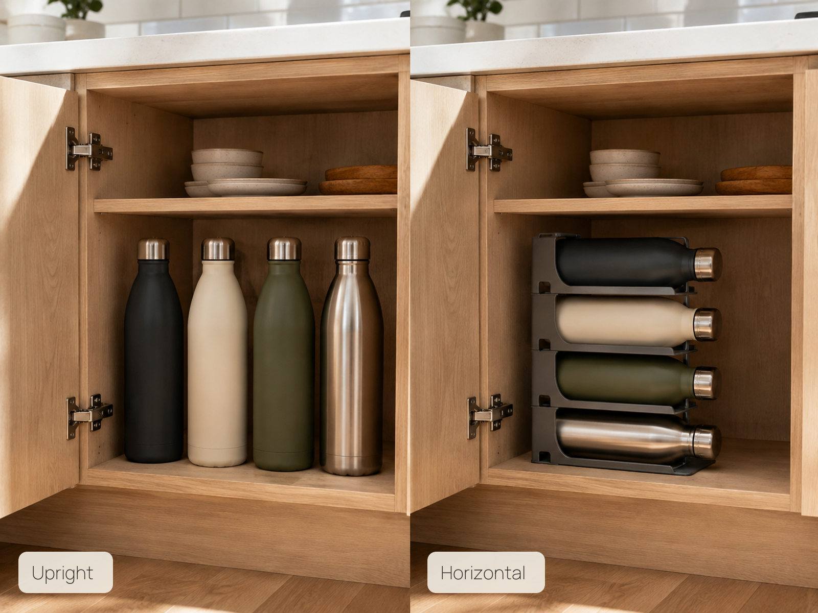 Same small cabinet and four water bottles shown upright in one view and horizontally supported in a no-roll rack in the other.