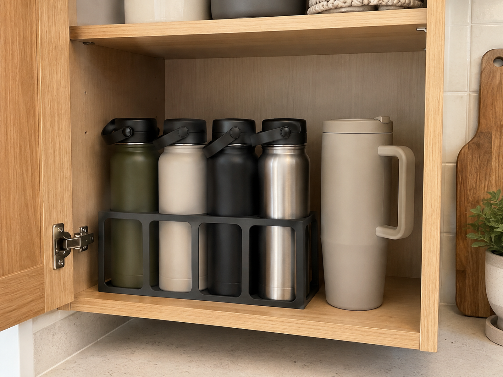 One oversized handled tumbler stored upright beside a compact rack of four standard water bottles in the same small kitchen cabinet.