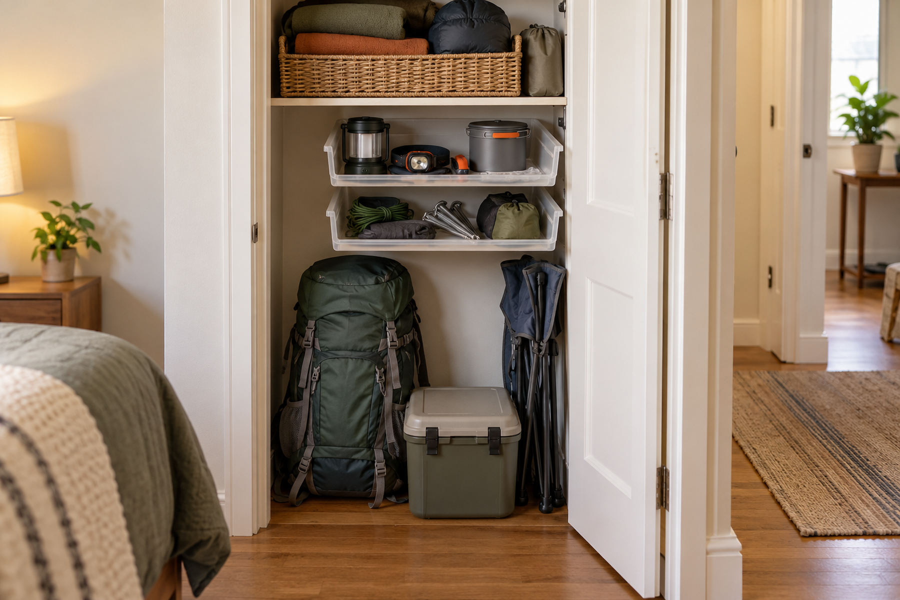 Open reach-in closet in a compact apartment holds a backpack, folded chair, cooler, shallow gear trays, and a breathable soft-gear basket while the hallway remains clear.