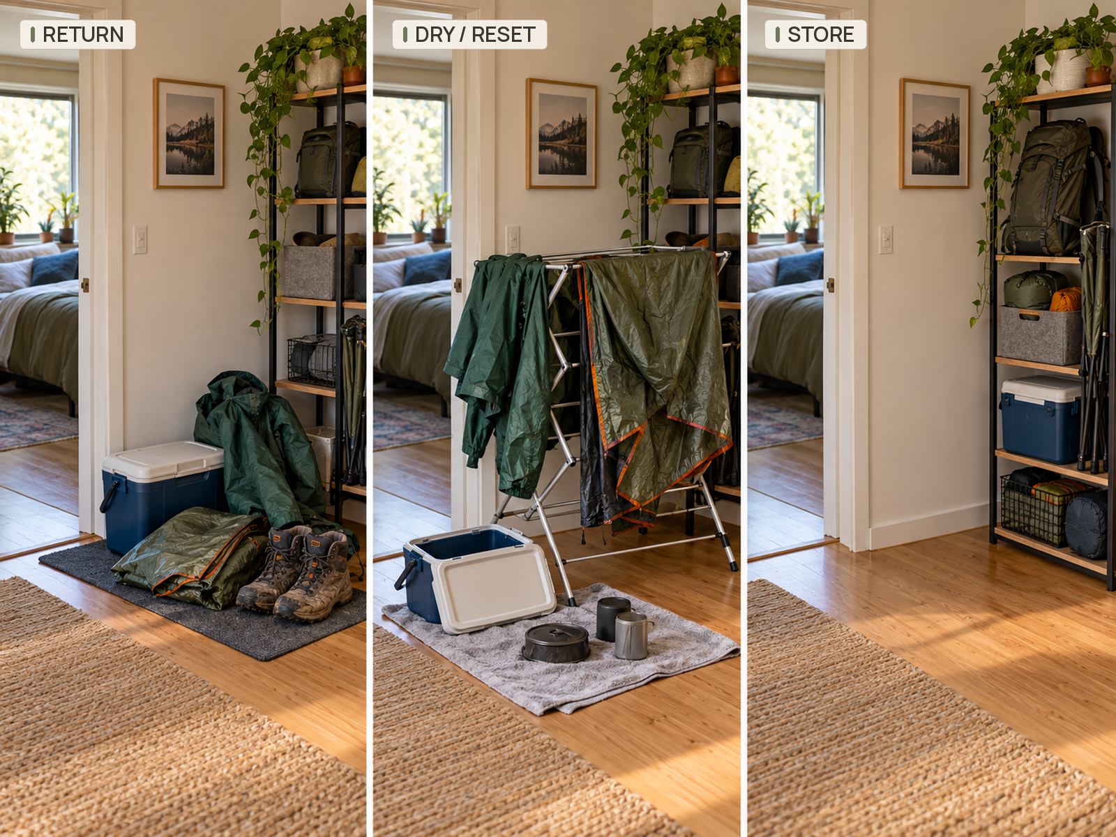 Three matched apartment views show camping gear contained on a return mat, opened on a freestanding drying rack, then stored compactly with the walkway clear.